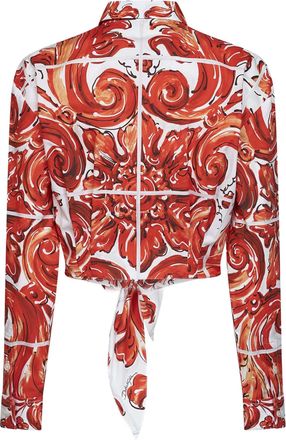 Dolce & Gabbana Womens Cropped Maiolica-Print Shirt, Orange Multicolour Cotton