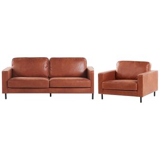 Beliani Conjunto De Sof&aacute;s Para Sal&oacute;n Sof&aacute; 3 Plazas Sill&oacute;n De Piel Sint&eacute;tica Marr&oacute;n Dorado Estilo Minimalista Savalen