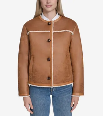 Cole Haan Womens Waxed Suede Shearling Collarless Jacket - Brown Size Medium