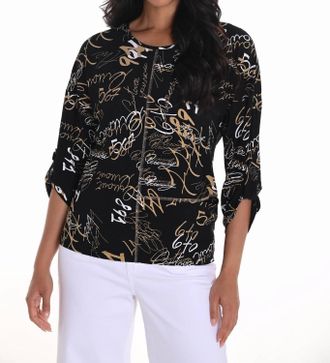 Frank Lyman Design Text Print 3/4 Sleeve Knit Top In Black/beige