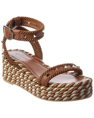 Valentino Rockstud 45 Rope & Leather Wedge Sandal