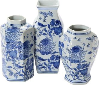 Two's Company Set Of 3 Chrysanthemum Hand-Painted Vases