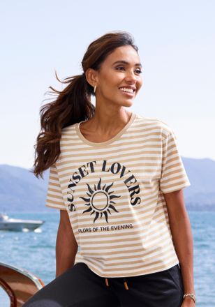 H.I.S T-Shirt H.I.S, Damen, Gr. 32/34, braun (camelfarben gestreift), Web, Obermaterial: 100% Baumwolle, gestreift, figurumspielend h&uuml;ftlang, Rundhals, norm