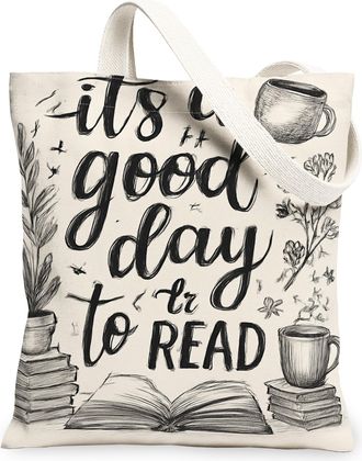 Generic Artistic Vintage Canvas Tote Bags, Inspirational Books and Plants Design Reusable Grocery Bags, Lightweight Washable Should, Beige, 13x15 Inch