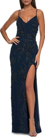La Femme Beautiful Beaded Evening Gown with V Neckline and Open Back in Navy at Nordstrom, Size 10