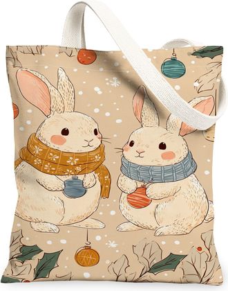 Generic Winter Rabbit Canvas Tote Bags, Cute Animal Pattern Reusable Grocery Bags, Lightweight Washable Shoulder Strap Tote for Out, Beige, 13x15 Inch
