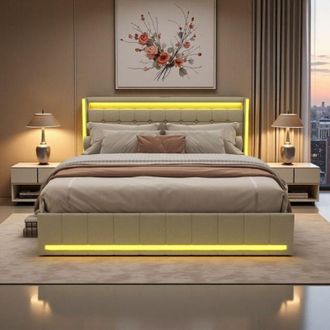 OEM Cama Doble 140x200 - Beige - 4 Cajones - Led Rgb - Usb/tipo-c - Dise&ntilde;o Ecol&oacute;gico