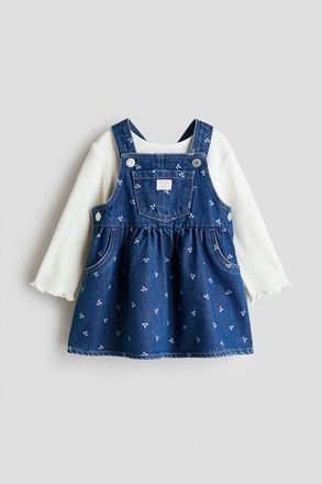 H&M 2-piece Dungaree Dress And Top Set in Dark Denim Blue/cherries at Nordstrom, Size 18M