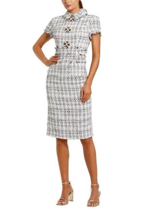 Mac Duggal Fitted Boucl&eacute; Short Sleeve Button Up Midi Dress in Ivory at Nordstrom, Size 10