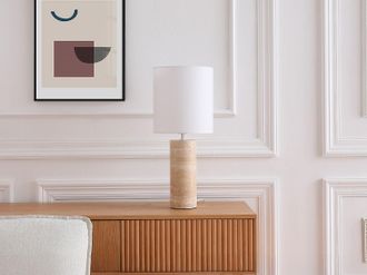 Vente-Unique Lampada da tavolo in tessuto e travertino D.25 x H.58 cm - Bianco e naturale - ZAPANA
