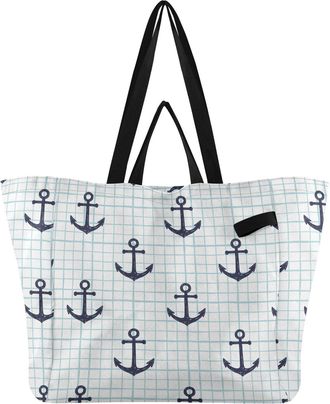 Generic Ship Blue White pattern Reusable Canvas Tote Bag, Heavy Duty Grocery Shopping Bag with Large Capacity Hard Bottom Double Handles Work Groceries Travel