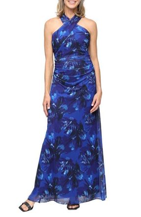 S.L. Fashions Floral Mesh Gown in Blue/Multi at Nordstrom, Size 12