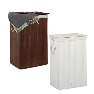 Relaxdays Juego De 2 Cestas Para La Ropa, Sistema De Separaci&oacute;n De Bamb&uacute;, Cestas Con Bolsa Extra&iacute;ble, 83 L, Marr&oacute;n Y Blanco