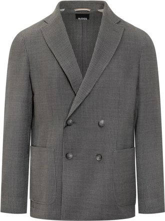HUGO BOSS Dubbelrijige Geruite Blazer - Heren - Blazers - Grijs - XL - Wol - Jassen