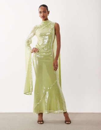Asos Vestito lungo accollato verde chiaro con paillettes e manica singola
