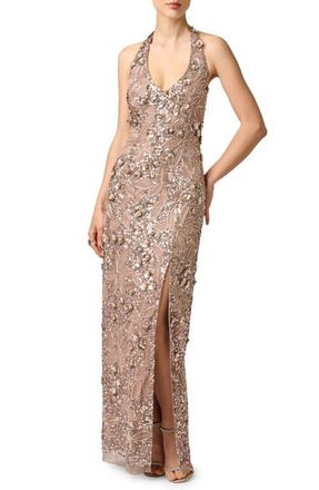 Aidan Mattox Sequin & Floral Halter Neck Sheath Gown in Smokey Mauve at Nordstrom, Size 14