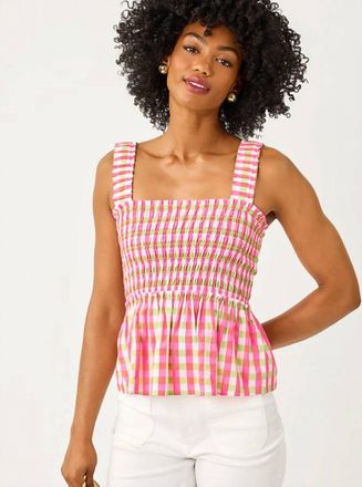 Lilly Pulitzer Hadly Smocked Top In Cherry Blossom Pink Summer Lovin Gingham Print