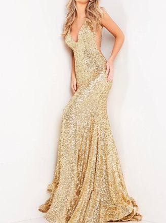 Jovani Fitted V-Neckline Sequin Gown In Gold