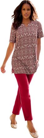 Roaman's Plus Size Soft Knit Print Tunic With Notch Neckline in Rich Burgundy Floral Stencil at Nordstrom, Size Large