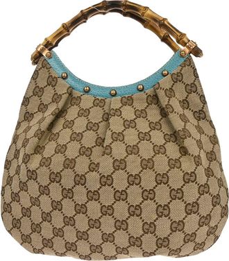Gucci Vintage Bamboo Hobo Gg Canvas Beige,Blue Canvas Handbag (Pre-Owned)