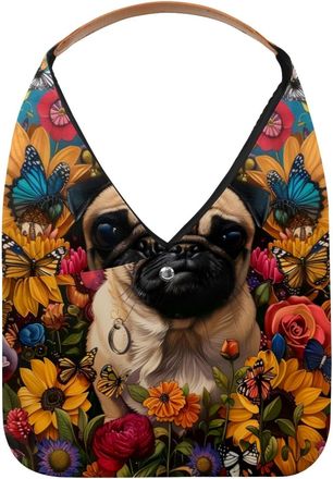Generic Pug Dog Flowers Among Flowers Reusable Lightweight Grocery Bags - Foldable Into Compact Pouch, Washable & Sturdy, Multipurpose for Shopping and Travel