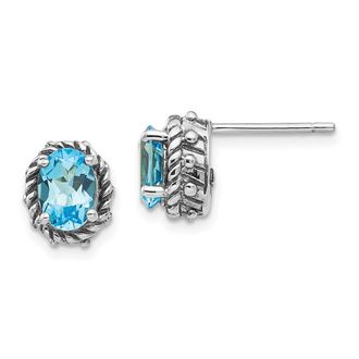 Diamond2Deal Sterling Silver Antiqued Oval Blue Topaz Earrings