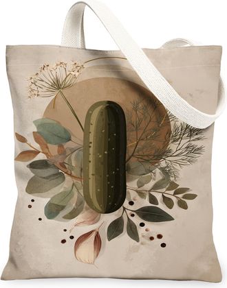 Generic Artistic Vintage Canvas Tote Bags, Floral Cucumber Design Reusable Grocery Bags, Eco-Friendly Washable Shoulder Strap, Beige, 13x15 Inch