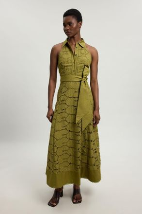 Karen Millen Womens Cutwork Cotton Halterneck Tie Detail Woven Midi Dress - Khaki - Size 10 UK