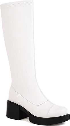 Generic Womens Elastic Knee High Boots with Chunky Block Heel, Rear Zip & Shiny Faux Leather, Equestrian & Casual,White,7.5 UK