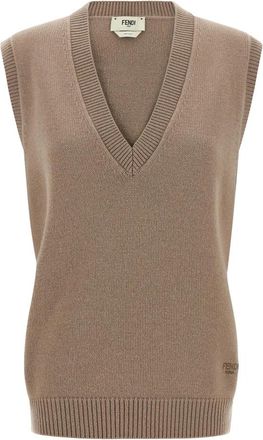 Fendi Cashmere Vest - Dames - Cashmere truien - Beige - 3XS - Leer - Truien & Vesten