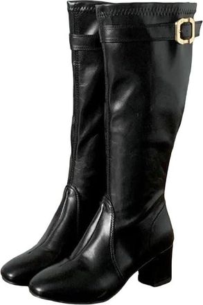 Generic Womens Thick Heel Knee High Boots Belt Buckle Square Toe Stretch Slim Long Booties Winter Footwear