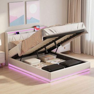 OEM Cama 160x200 Cm - 250505zxy - Usb - Led - Hidr&aacute;ulica - Tela De Terciopelo - Marco De Cama Para Adultos 160x200 Cm - Blanco