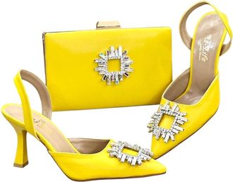 Generic Elegant Fuchsia Satin Evening Shoes With Rose Clips And Matching Clutch Bag, (Yellow, UK Footwear Size System, Adult, Women, Numeric, Medium, 6)