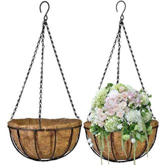 OEM Piezas De Cesta Colgante Para Maceta Con Revestimiento De Fibra De Coco, Soporte Redondo De Alambre Para Plantas Con Cadena Para Decoraci&oacute;n Del Hogar 