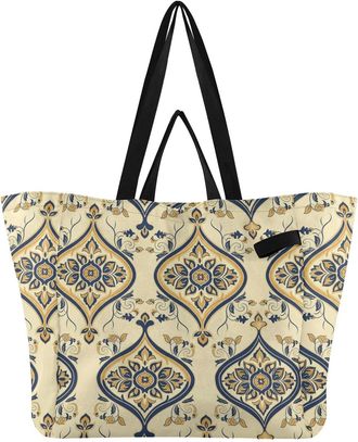 Generic Paisley Beige print Reusable Canvas Tote Bag, Heavy Duty Grocery Shopping Bag with Hard Bottom Large Capacity Double Handles Work Groceries Travel
