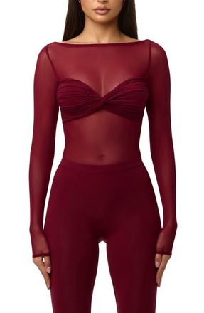 Naked Wardrobe Long Sleeve Mesh Bodysuit in Sangria at Nordstrom, Size X-Large