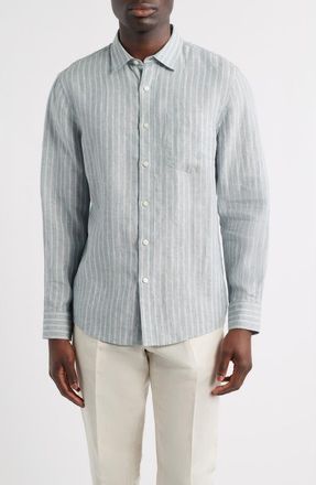 Nordstrom Pinstripe Linen Button-Up Shirt in Blue Spruce Cliff Stripe at Nordstrom, Size Xx-Large