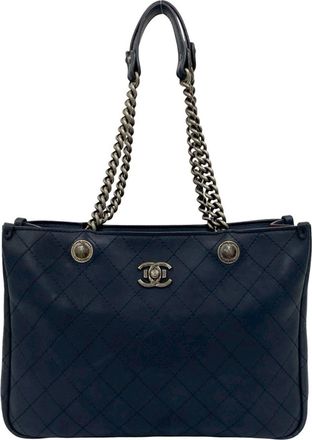 Chanel Navy Leather Shoulder Bag Tote Bag (Pre-Owned)