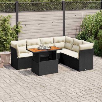vidaXL Set De Sof&aacute;s De Jard&iacute;n 7 Pzas Con Cojines Rat&aacute;n Sint&eacute;tico Negro