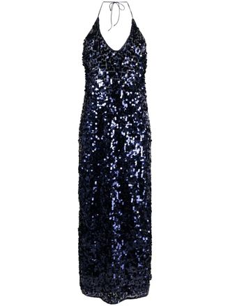 Os&eacute;ree sequinned halterneck sleeveless dress - women - Polyamide/Elastane/Polyester - M - Blue
