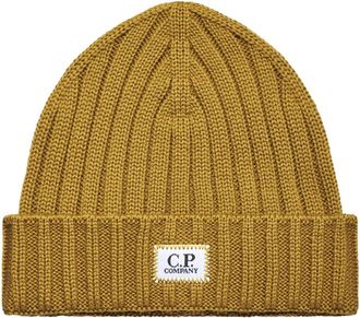C.P. Company Extrafine Merino Wol Beanie met Logo - unisex - Hoeden - Bruin - ONE Size - Wol - Accessoires