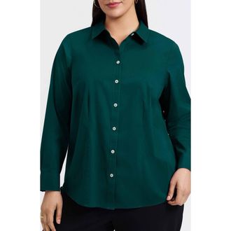 Foxcroft June Non-Iron Stretch Cotton Blend Button-Up Shirt in Deep Teal Green at Nordstrom, Size 24W