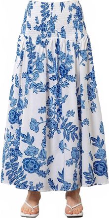 Moon River Floral Print Smocked Midi Skirt In Blue Multi