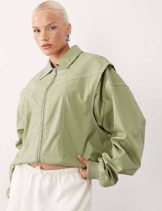 Lioness bomber jacket effetto pelle con cuciture a contrasto in kaki chiaro, in esclusiva-Verde