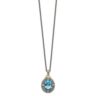 Diamond2Deal Sterling Silver with 14K Accent Diamond and Oval Blue Topaz Pendant Necklace