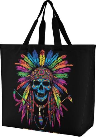 Generic Native Indian Skull Tote Bag Reusable Grocery Shopping Bags Large Travel One Shoulder Handbag for Picnic Work