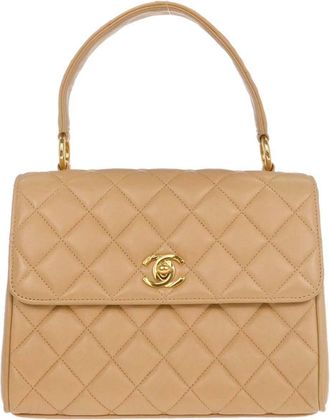 Chanel Vintage Top Handle Flap Bag Quilted Lambskin Beige Leather Handbag (Pre-Owned)