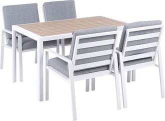 Beliani 4 Piece Garden Dining Set White and Grey Table and Chairs Slatted Top with Cushions Aluminium Frame Outdoor Patio Modern VISSO