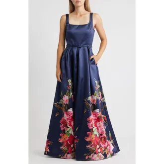 Julia Jordan Belted Mikado Ballgown in Navy at Nordstrom Rack, Size 10