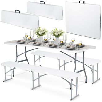 OEM Conjunto De Catering Para Jard&iacute;n: Mesa Plegable + 2 Bancos De 180 Cm, Plonos, Blanco